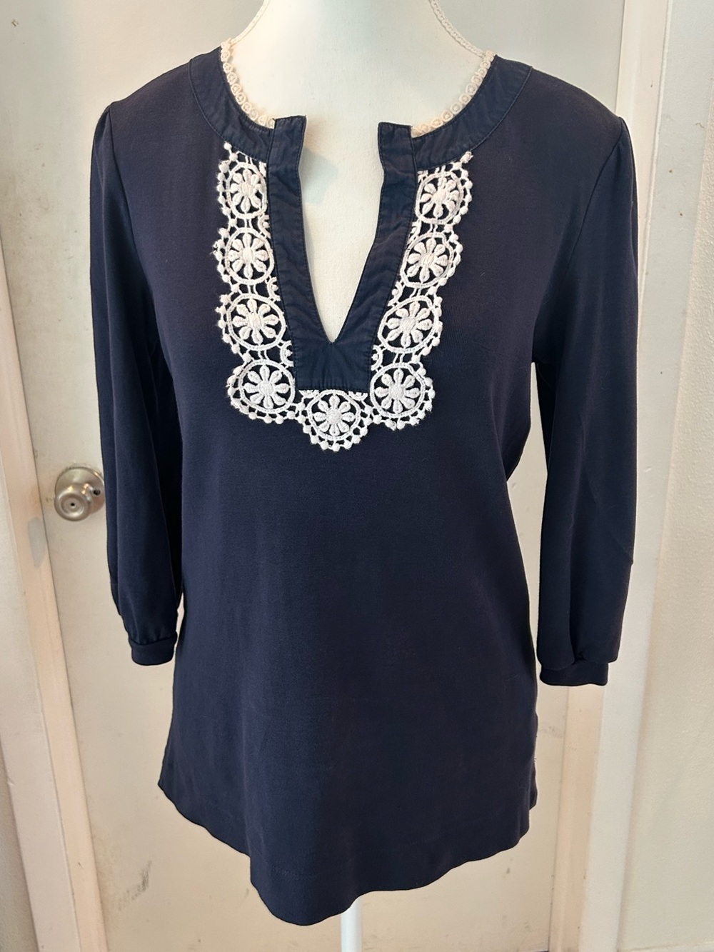 Jones New York Navy Tunic with White Crochet V-Neck